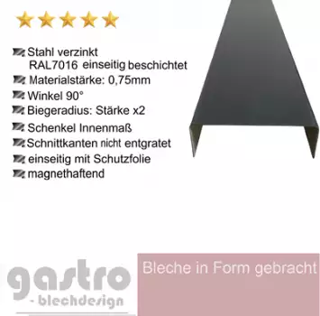 U-Profil aus verzinktem Stahl in RAL7016 anthrazitgrau, glatt lackiert mit Schutzfolie – Vorderansicht.